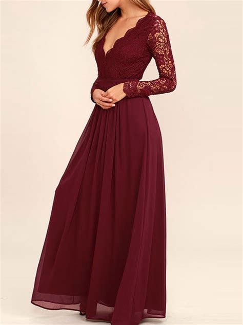 lace bodice burgundy chiffon bridesmaid dressessimple prom dress  long sleevespd