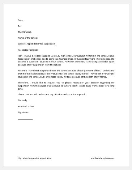 high school suspension appeal letter  letter