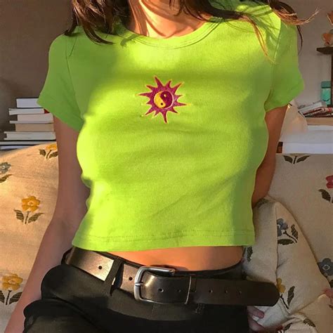 fashion ribbed neon green summer  shirt short sleeve sun embroidery crop tops  shirts