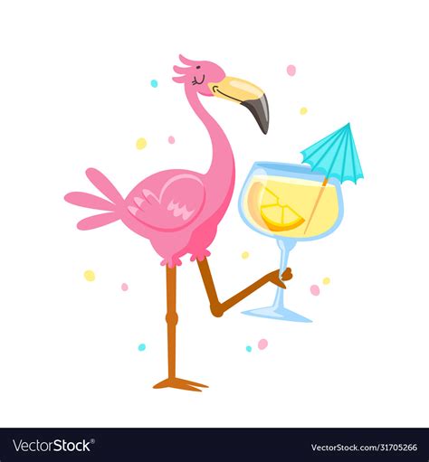 pink flamingo drinking cocktail cartoon kawaii vector image