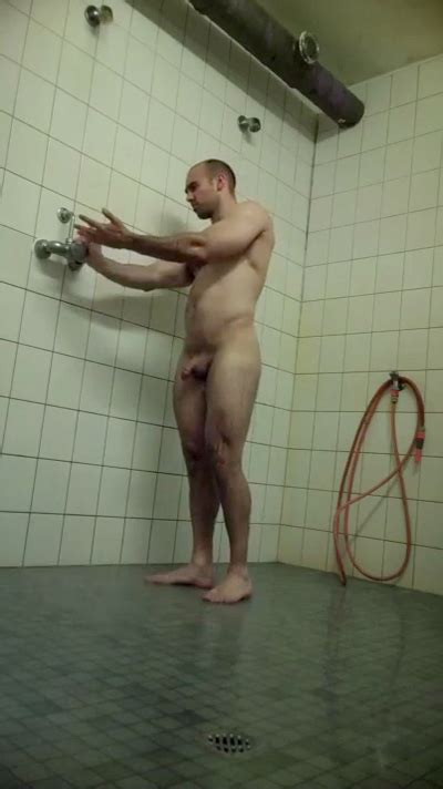 Mature Muscle Guy Taking A Shower After Gym Training My