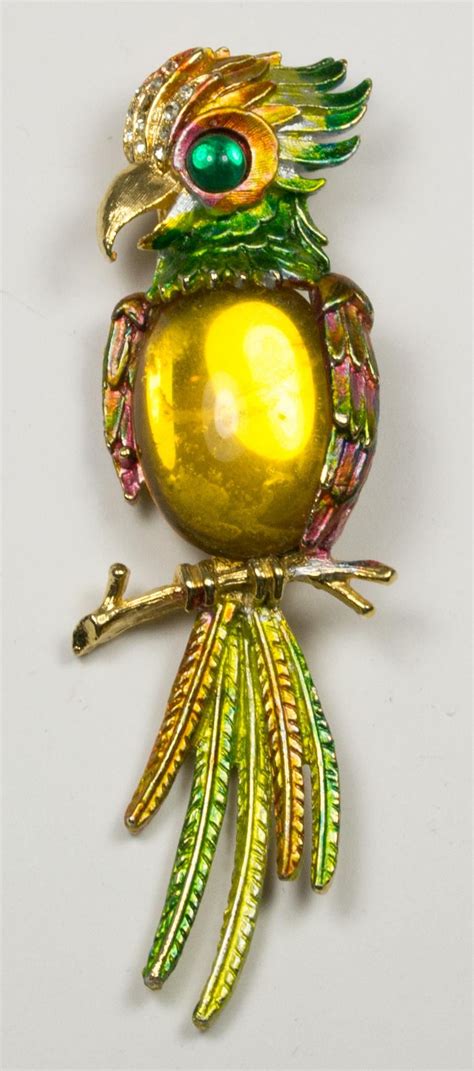 vintage signed art parrot brooch pin  gold cabochon belly enamel  pave rhinestones