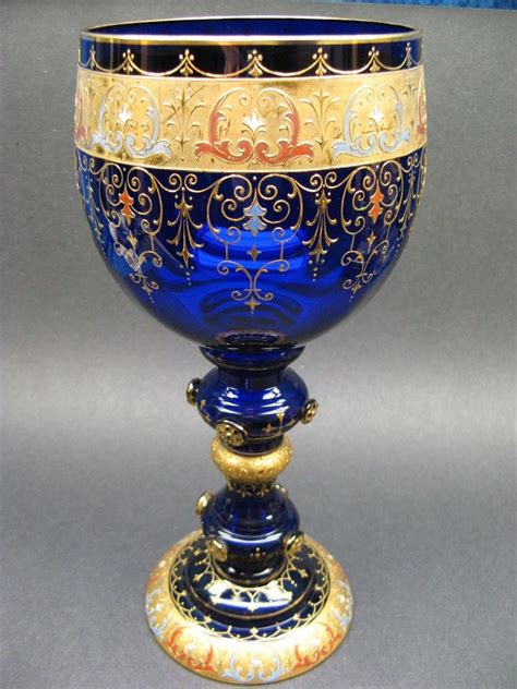 Moser Bohemian Glass Gold Gilt Enameled Large Goblet Signed Bohemian