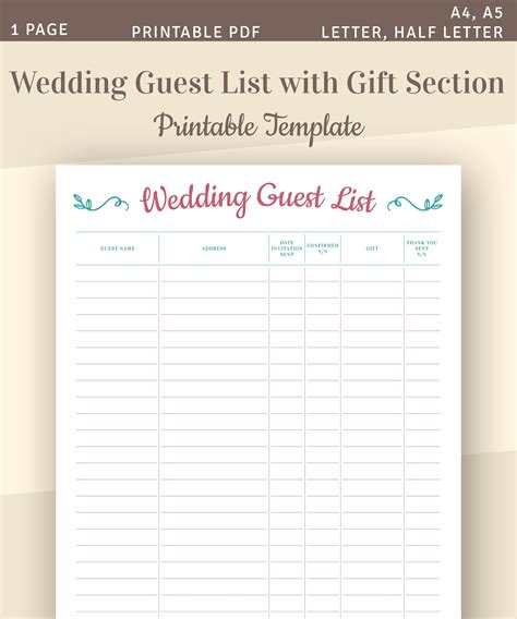 wedding guest list printable wedding template guest list etsy
