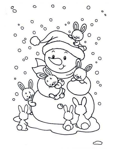 friendly snowman  bunch  rabits  winter coloring page