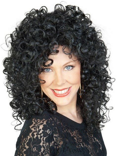 cher wig 80s music star black curly perm womens ladies fancy dress