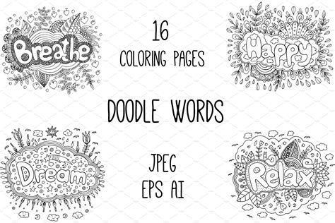 doodle words  coloring pages illustrations creative market