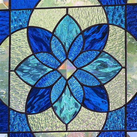 Stained Glass Panel Beveled Star Burst Shades Of Blue Etsy