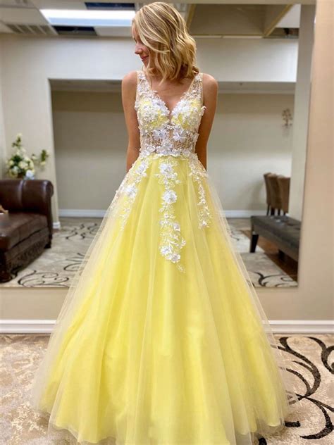 yellow tulle lace long prom dress yellow formal dress   girl