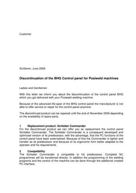 discontinuation   bhg control panel  posiweld schlatter