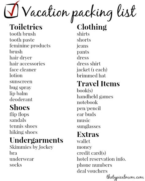 printable vacation packing list