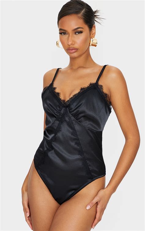 Black Satin Lace Trim Detail Bodysuit Tops Prettylittlething Usa