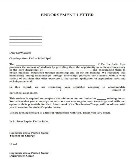 sample endorsement letter  employment  document template