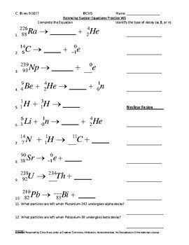 balancing nuclear equations practice worksheet tpt