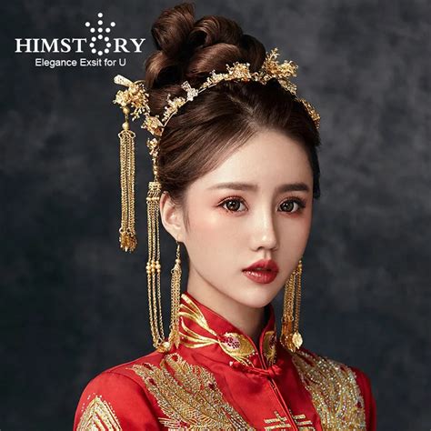 himstory new chinese wedding hair tiaras hairpins gold small house long