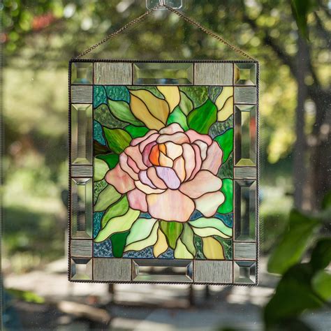 pink peony stained glass window hanging panel for home decor glass