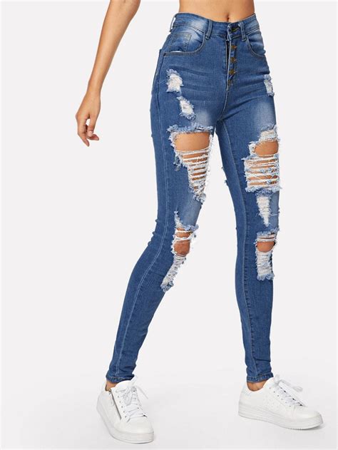 ripped faded wash button fly skinny jeans jeans denim women