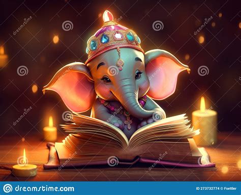 cute cartoon baby lord ganesha reading  big magic book generative ai
