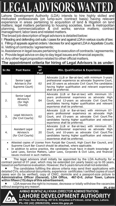 Legal Advisor Jobs In Lahore Development Authority July 2019 Lda Latest