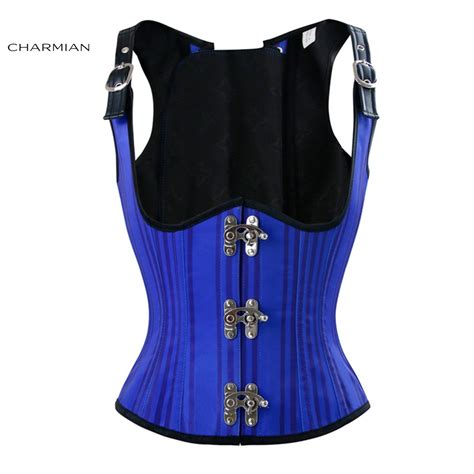 Charmian Women S Steampunk Underbust Corset Sexy Blue Striped Steel