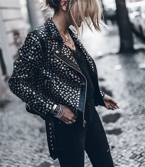 womens silver full handmade studded black designer leather biker jacket