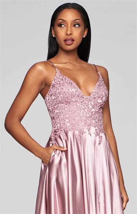 Satin And Lace Applique Prom Dress With Pockets And Lace Up Back At Ball