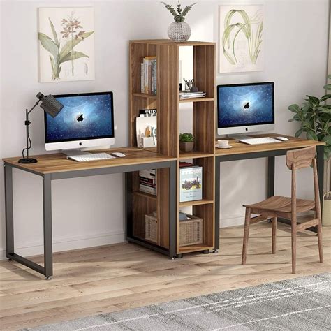 tribesigns  inches  person computer desk  shelves extra large double workstations