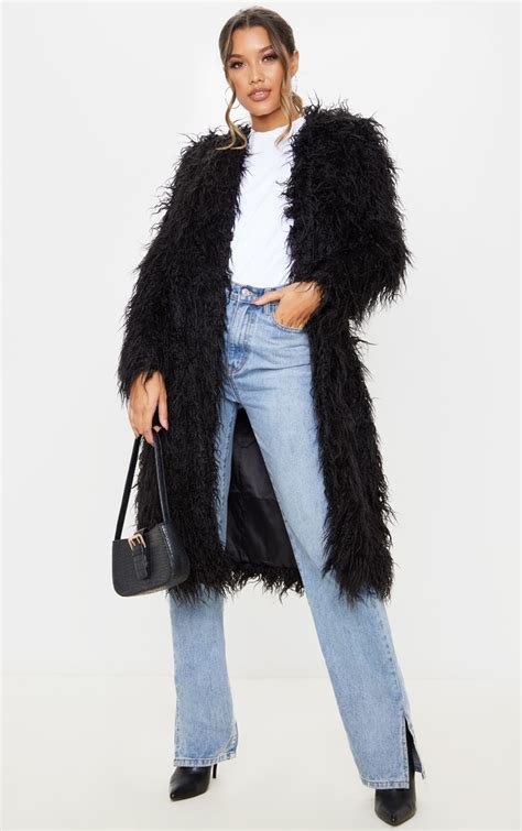 Black Shaggy Longline Faux Fur Coat Prettylittlething Aus