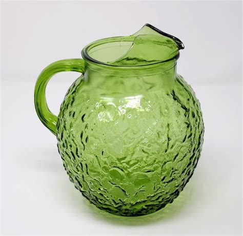 large round green glass pitcher vintage anchor hocking milano etsy