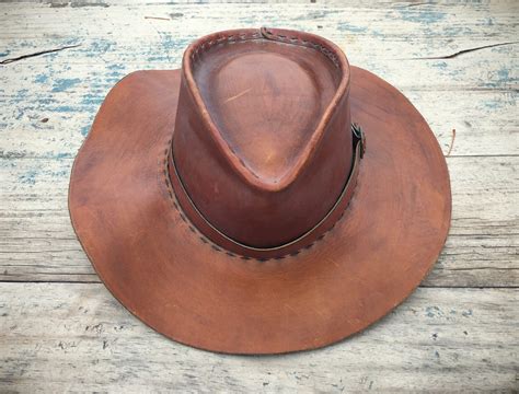 brown leather cowboy hat hippie hat mens gift  outdoorsman