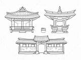 Korean Architecture Traditional Hanok Drawing Vector Chinese House Japanese Culture Outline Palace Asian Building Drawings Illustration Temple Village Pagoda Ancient sketch template