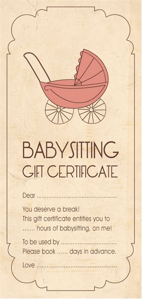 gift certificate  babysitting printable gift certificate