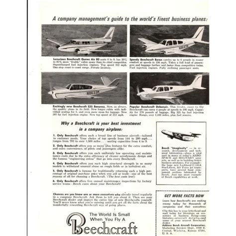 beechcraft vintage advertising print ad queen air  baron  bonanaza debonair  picclick