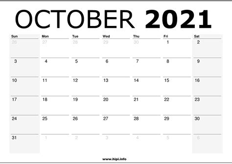 october  calendar printable monthly calendar   hipi