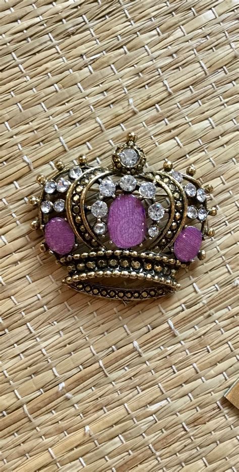 large vintage gold crown brooch pin clear rhinestones pink etsy
