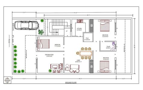 house ground floor plan  furniture layout drawing cadbull