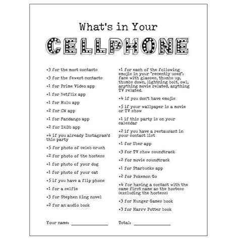 whats   cellphone printable party game     phone