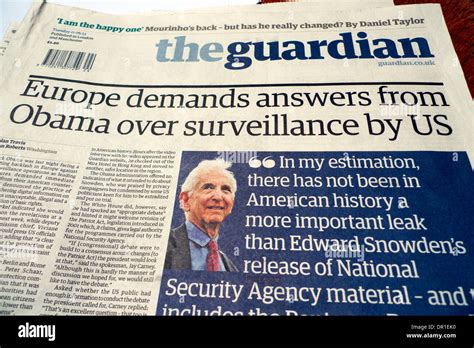 guardian newspaper headline nsa europe demands answers  obama stock photo  alamy