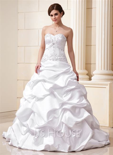 ball gown sweetheart court train satin wedding dress with ruffle