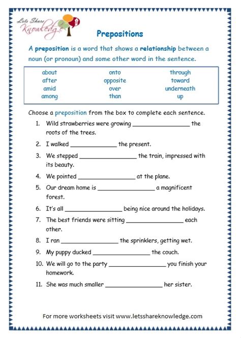 prepositions worksheets  answers