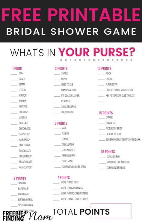 bridal shower games  printables whats   purse game