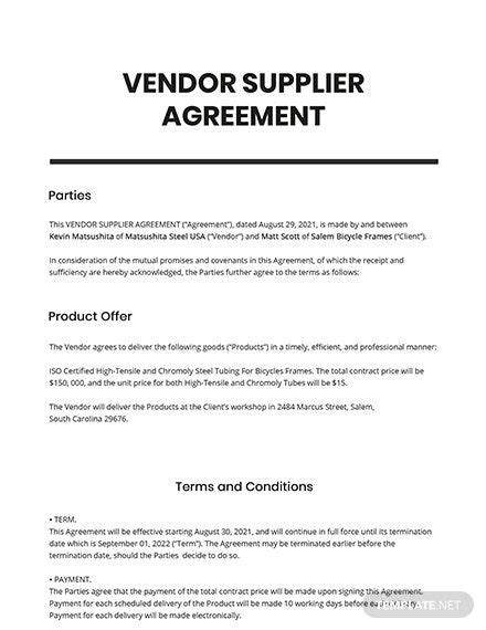 vendor supplier agreement template google docs word apple pages