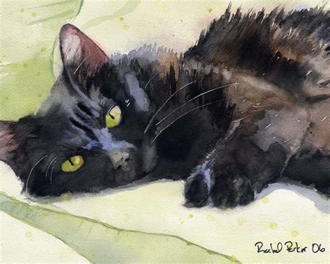black cat art painting print watercolor rachel parker etsy