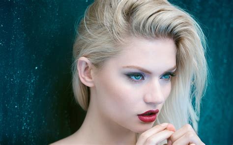 Women Blonde Blue Eyes Red Lipstick Martina Dimitrova