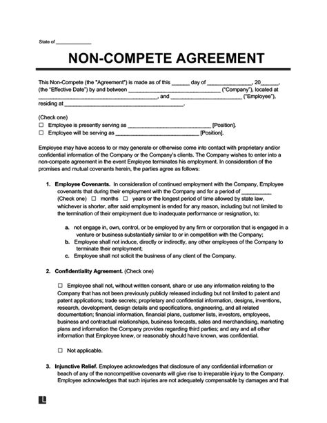 compete agreement template  word