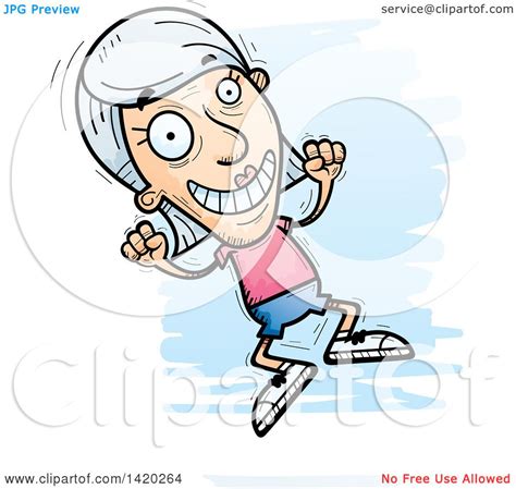 Clipart Of A Cartoon Doodled Senior White Woman Jumping