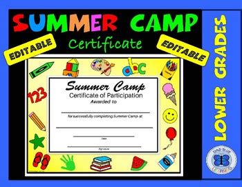 summer camp certificate editable  diazi blue learning tpt