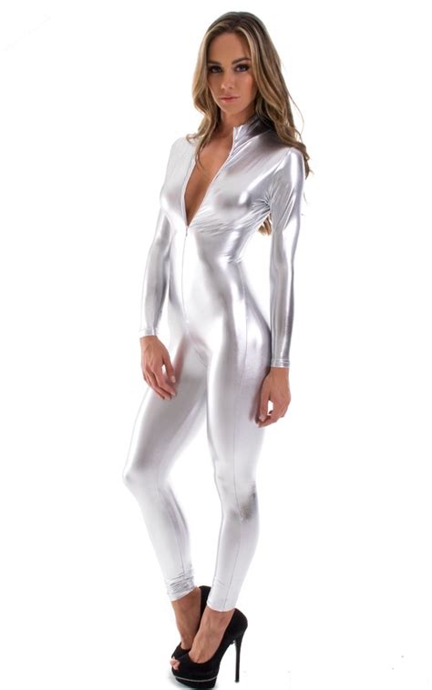 Zip Shiny Gold Spandex Catsuits Costume Metallic Bodysuits Long Sleeve