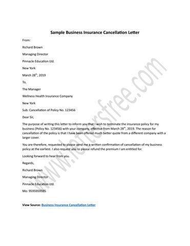 sample business insurance cancellation letter  sample letters issuu