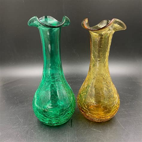 Vintage Hand Blown Crackle Glass Bud Vases 2 Available Etsy